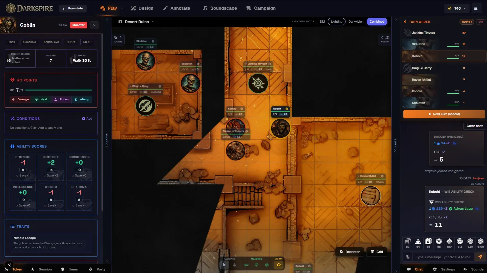 A tabletop group playing a live session in Darkspire Table Top, with the battle map, party character sheets, dice tray, and party chat open together in one browser window.