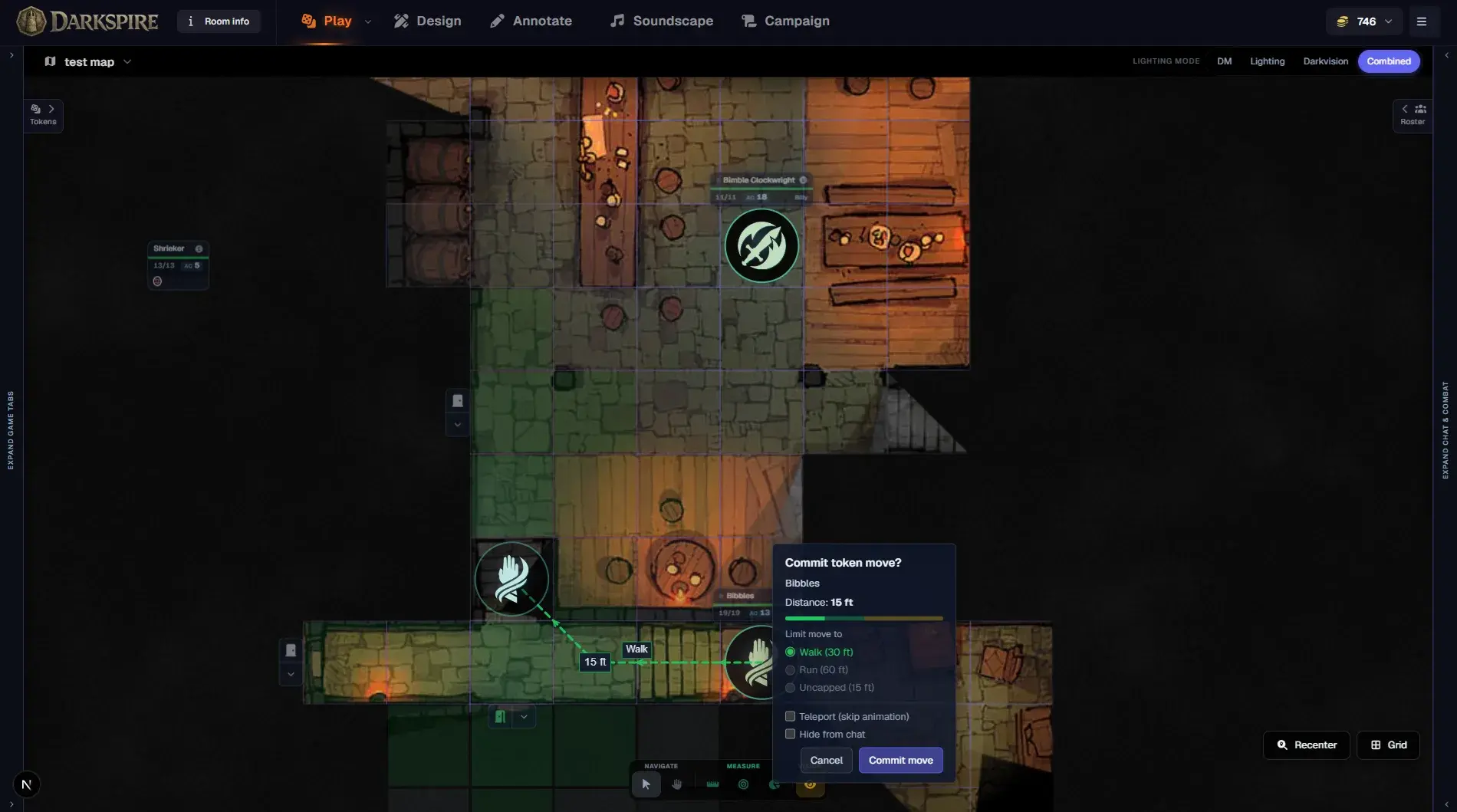 A Game Master mid-session in Darkspire Table Top, committing a party token move on a lit tavern battle map with character tokens and walk, run, and teleport movement options visible.